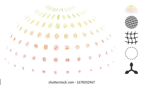 Hatch Mosaic based on abstract dotted semi-sphere icon. Mosaic vector abstract dotted semi-sphere is formed with randomized hatch elements. Bonus icons are added.