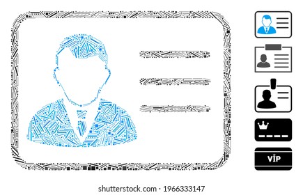 Hatch Mosaic based on account card icon. Mosaic vector account card is composed with randomized hatch dots. Bonus icons are added.