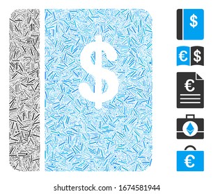 Mosaico del escote basado en el icono del libro de contabilidad. El libro de contabilidad de vectores mosaicos se crea con elementos de rayas dispersas. Se agregan iconos de bonificación.