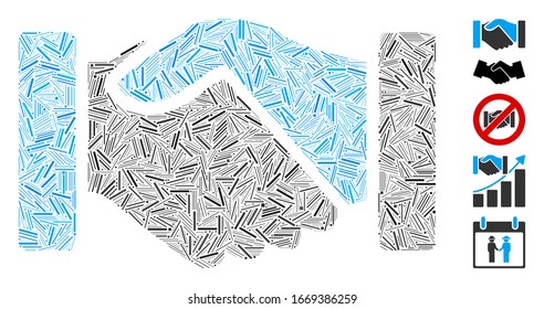 Hatch Mosaic basiert auf dem Acquisition Handshake Icon. Der Handshake der Mosaik-Vektorillustration besteht aus verstreuten Schlupfgegenständen. Bonussymbole werden hinzugefügt.
