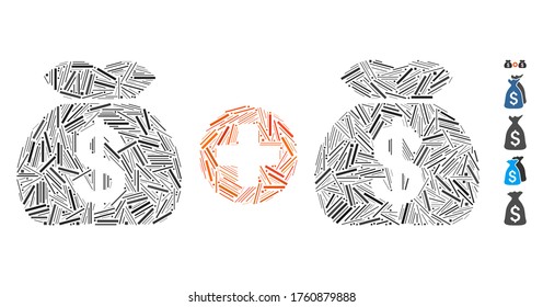 Hatch Mosaic based on add money bags icon. Mosaic vector add money bags is composed with scattered line spots. Bonus icons are added.