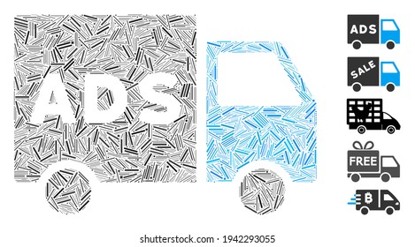 Hatch Mosaic based on advertisement van icon. Mosaic vector advertisement van is designed with randomized hatch spots. Bonus icons are added.