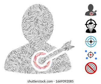 Hatch Mosaic based on aim person icon. Mosaic vector aim person is formed with scattered hatch spots. Bonus icons are added.