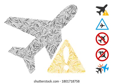 Hatch Mosaic based on aircraft warning icon. Mosaic vector aircraft warning is created with random dash dots. Bonus icons are added.