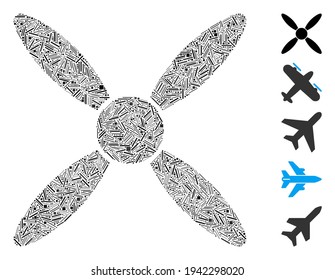 Hatch Mosaic based on aircraft propeller icon. Mosaic vector aircraft propeller is designed with random hatch spots. Bonus icons are added.