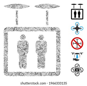 Hatch Mosaic based on airdrone elevator icon. Mosaic vector airdrone elevator is composed with scattered hatch dots. Bonus icons are added.