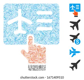 Hatch Mosaic based on airline ticket booking icon. Mosaic vector airline ticket booking is created with random hatch elements. Bonus icons are added.