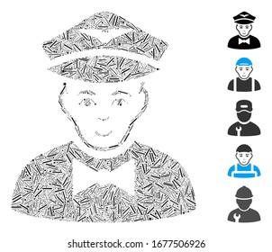 Hatch Mosaic based on airline steward icon. Mosaic vector airline steward is created with scattered hatch spots. Bonus icons are added.