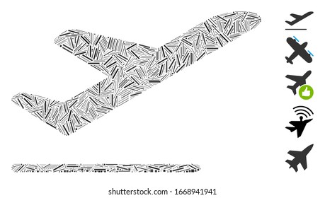 Mosaico del escote basado en el icono de salida del avión. La salida del avión vector mosaico está formada por elementos de escote dispersos. Se agregan iconos de bonificación.