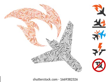 Hatch Mosaic based on airplane fire disaster icon. Mosaic vector airplane fire disaster is created with randomized hatch items. Bonus icons are added.