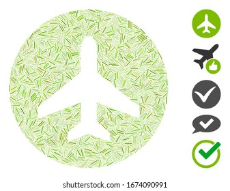 Hatch Mosaic based on airplane OK icon. Mosaic vector airplane OK is formed with scattered hatch spots. Bonus icons are added.