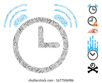 Hatch Mosaic based on alarm clock icon. Mosaic vector alarm clock is formed with scattered hatch items. Bonus icons are added.