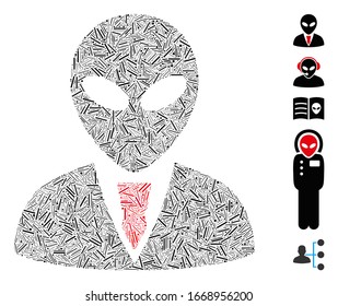 Hatch Mosaic based on alien manager icon. Mosaic vector alien manager is composed with scattered hatch spots. Bonus icons are added.