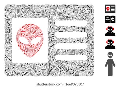 Hatch Mosaic based on alien account card icon. Mosaic vector alien account card is formed with random hatch dots. Bonus icons are added.
