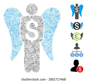 Hatch Mosaic based on angel investor icon. Mosaic vector angel investor is created with random hatch spots. Bonus icons are added.