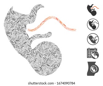 Mosaico del escote basado en el ícono del embrión del simio. El embrión de mono vector mosaico está diseñado con puntos de escotilla dispersos. Se agregan iconos de bonificación.