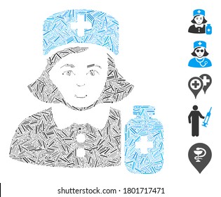 Hatch Mosaic based on apothecary lady icon. Mosaic vector apothecary lady is composed with random hatch dots. Bonus icons are added.
