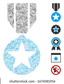 Hatch Mosaic based on army star award icon. Mosaic vector army star award is created with scattered hatch elements. Bonus icons are added.