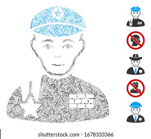 Hatch Mosaic based on army general icon. Mosaic vector army general is created with random hatch elements. Bonus icons are added.