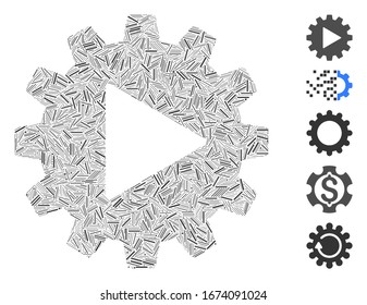 Hatch Mosaic based on automation gear icon. Mosaic vector automation gear is formed with scattered hatch dots. Bonus icons are added.