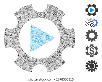 Hatch Mosaic based on automation gear icon. Mosaic vector automation gear is composed with random hatch dots. Bonus icons are added.