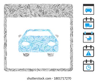 Hatch Mosaic based on automobile car calendar page icon. Mosaic vector automobile car calendar page is formed with randomized dash dots. Bonus icons are added.
