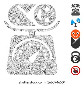 Mosaico de escotilla basado en el icono del peso del bebé. El peso del bebé vector mosaico se forma con puntos de escotilla aleatorizados. Se agregan iconos de bonificación.