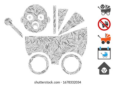 Mosaico de escotilla basado en el icono de carro de bebé. El carro de bebés vector mosaico se compone de elementos de escotilla dispersos. Se agregan iconos de bonificación.