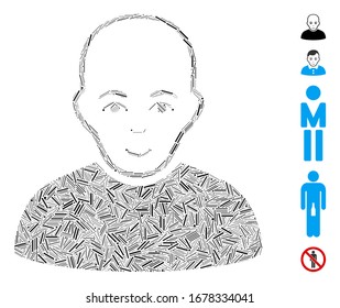 Hatch Mosaic based on bald man icon. Mosaic vector bald man is designed with randomized hatch dots. Bonus icons are added.