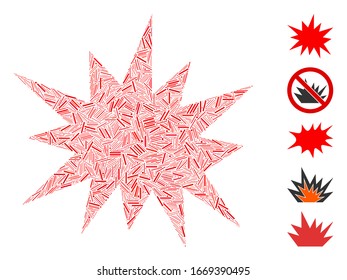 Hatch Mosaic based on bang icon. Mosaic vector bang is formed with scattered hatch elements. Bonus icons are added.