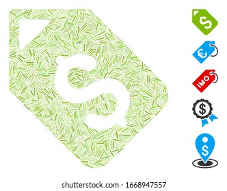 Hatch Mosaic based on bank account tag icon. Mosaic vector bank account tag is created with random hatch elements. Bonus icons are added.