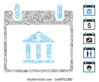 Hatch Mosaic based on bank building calendar day icon. Mosaic vector bank building calendar day is formed with random hatch spots. Bonus icons are added.