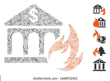 Hatch Mosaic based on bank fire disaster icon. Mosaic vector bank fire disaster is formed with random dash dots. Bonus icons are added.