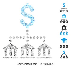 Hatch Mosaic based on bank scheme icon. Mosaic vector bank scheme is formed with scattered line elements. Bonus icons are added.