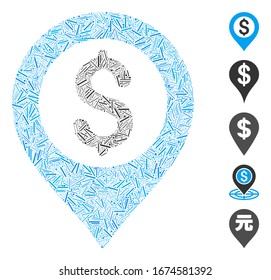 Hatch Mosaic based on bank map marker icon. Mosaic vector bank map marker is designed with random hatch items. Bonus icons are added.