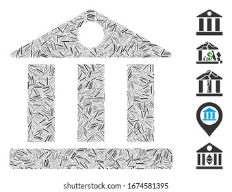 Hatch Mosaic based on bank building icon. Mosaic vector bank building is formed with random hatch spots. Bonus icons are added.