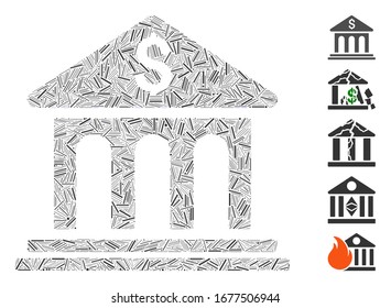 Mosaico Hatch basado en un icono de construcción de banco. Edificio de banco vectorial mosaico está formado por puntos de escote dispersos. Se agregan iconos de bonificación.