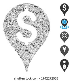 Hatch Mosaic based on bank map marker icon. Mosaic vector bank map marker is created with random hatch dots. Bonus icons are added.