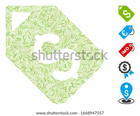 Hatch Mosaic based on bank account tag icon. Mosaic vector bank account tag is created with random hatch elements. Bonus icons are added.