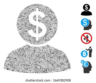 Hatch Mosaic based on banker icon. Mosaic vector banker is composed with scattered dash spots. Bonus icons are added.
