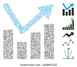 Hatch Mosaic basiert auf dem Trendsymbol von Balkendiagrammen. Mosaik Vektorillustration Balkendiagramm Trend ist mit zufälligen Lukenelementen zusammengesetzt. Bonussymbole werden hinzugefügt.