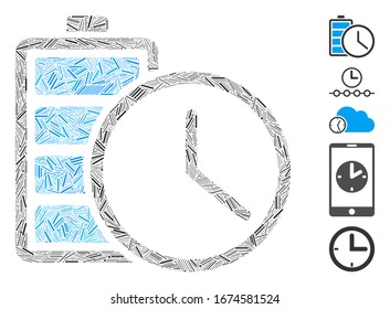 Mosaico de escotilla basado en el icono de tiempo de batería. El tiempo de batería del vector mosaico se crea con puntos de rayado aleatorios. Se agregan iconos de bonificación.