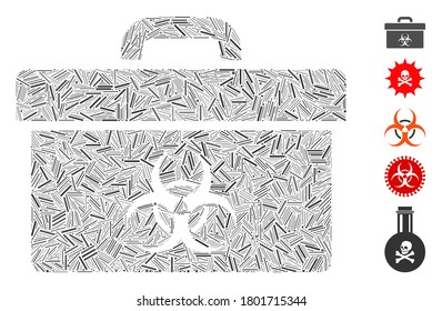 Mosaico de escotilla basado en el icono de la caja de herramientas de riesgo biológico. La caja de herramientas para el riesgo biológico del vector mosaico está diseñada con puntos de escotilla dispersos. Se agregan iconos de bonificación.