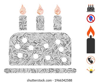 Hatch Mosaic based on birthday cake icon. Mosaic vector birthday cake is formed with random hatch elements. Bonus icons are added.