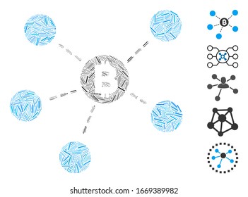 Hatch Mosaic based on Bitcoin net structure icon. Mosaic vector Bitcoin net structure is created with scattered hatch items. Bonus icons are added.