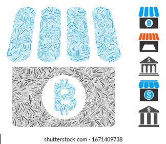 Mosaico Hatch basado en el icono de la tienda Bitcoin. La tienda de Bitcoin vector mosaico está compuesta por elementos de tramas dispersas. Se agregan iconos de bonificación.