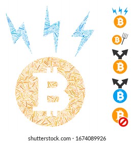 Hatch Mosaic based on Bitcoin lightnings icon. Mosaic vector Bitcoin lightnings is composed with randomized hatch elements. Bonus icons are added.