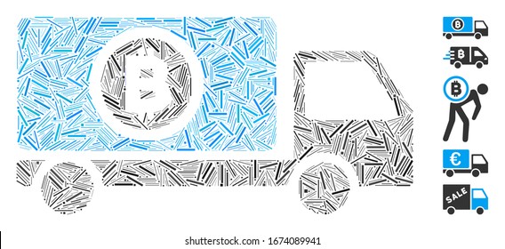 Hatch Mosaic based on Bitcoin delivery truck icon. Mosaic vector Bitcoin delivery truck is composed with random hatch spots. Bonus icons are added.