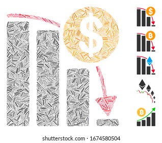 Mosaico de escotilla basado en el icono del gráfico de aceleración de caída de Bitcoin. El gráfico de aceleración de caída de bitcoin vector mosaico está diseñado con puntos de línea aleatorios. Se agregan iconos de bonificación.