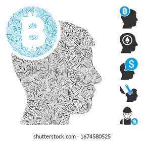 Hatch Mosaic based on Bitcoin mind head icon. Mosaic vector Bitcoin mind head is created with randomized hatch spots. Bonus icons are added.